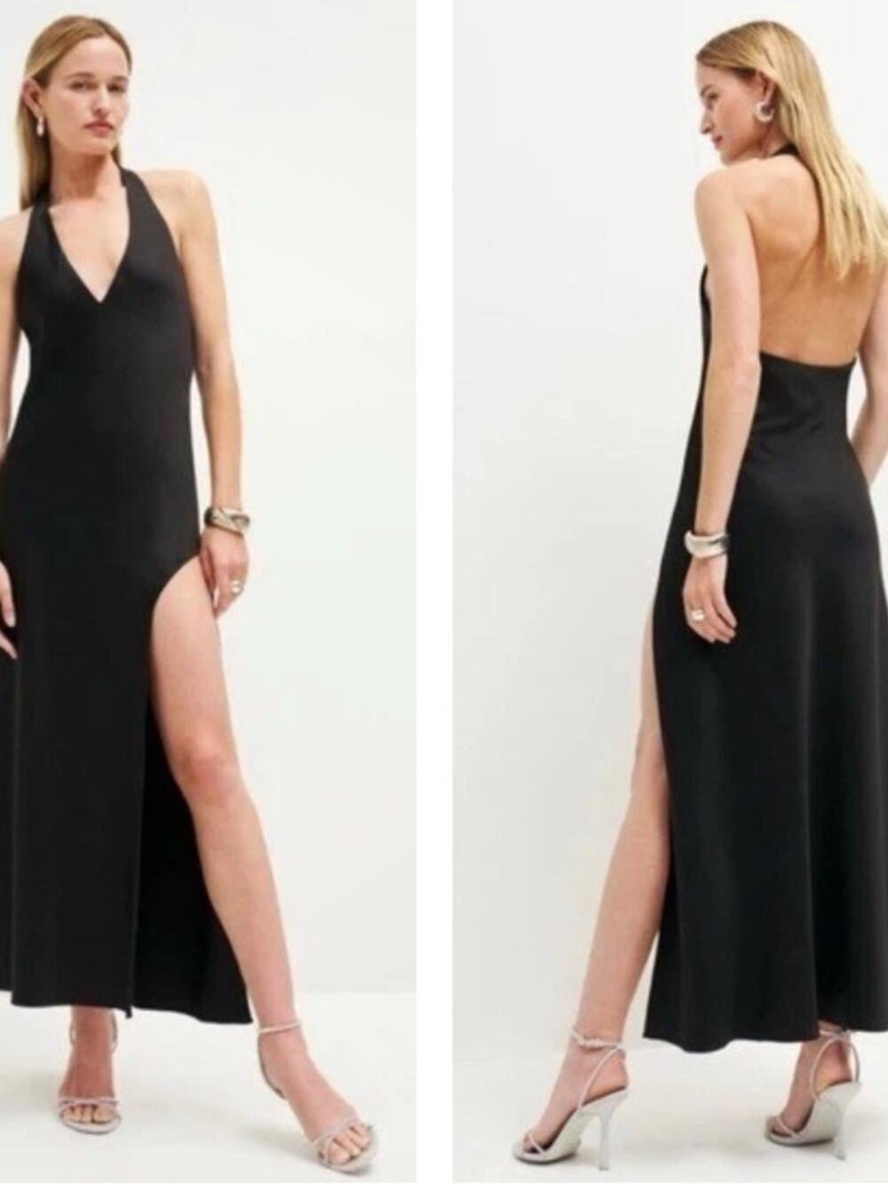 REFORMATION Meral Deep V Satin Black Maxi Dress Size Large